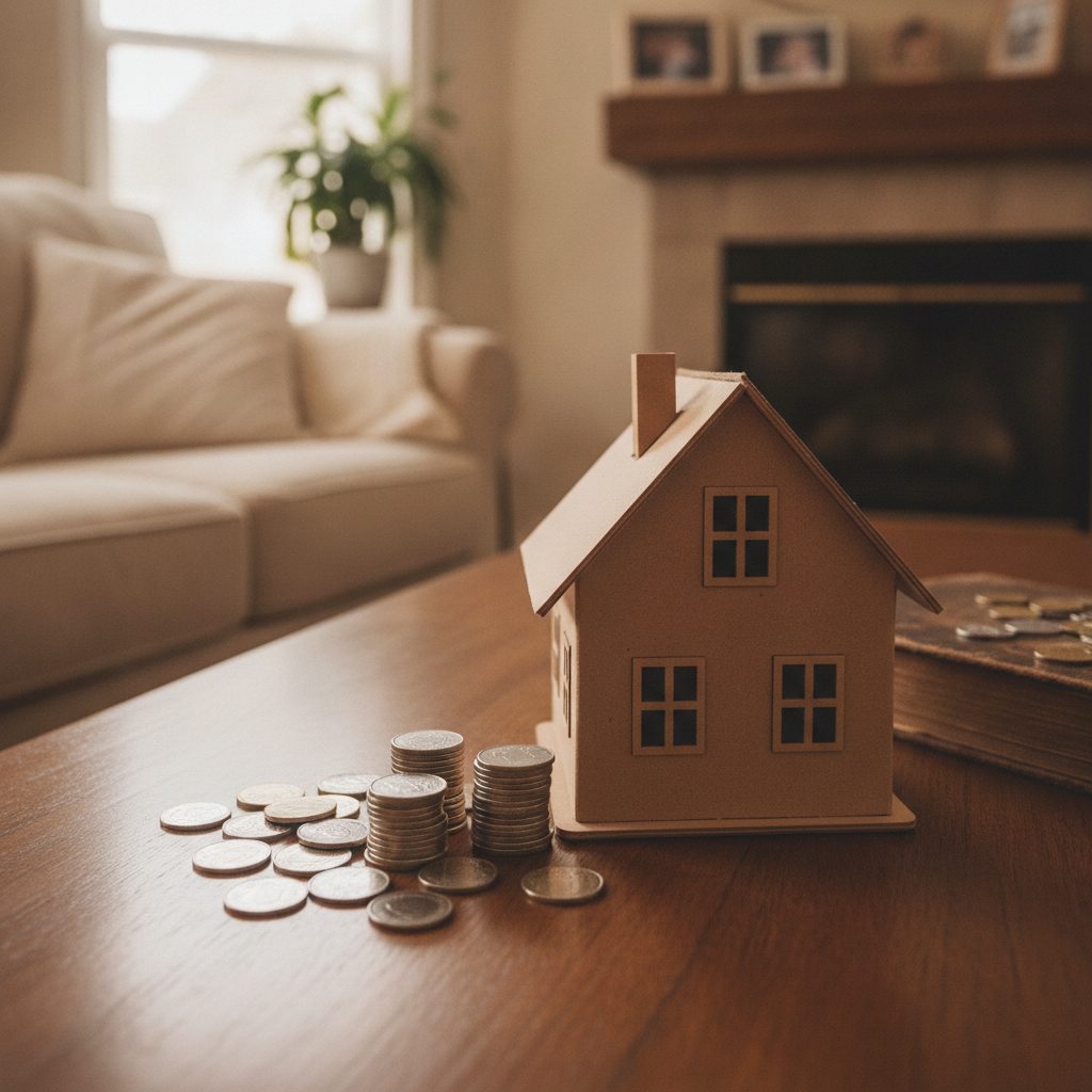A small model house and coins on a table in a cozy suburban home interior